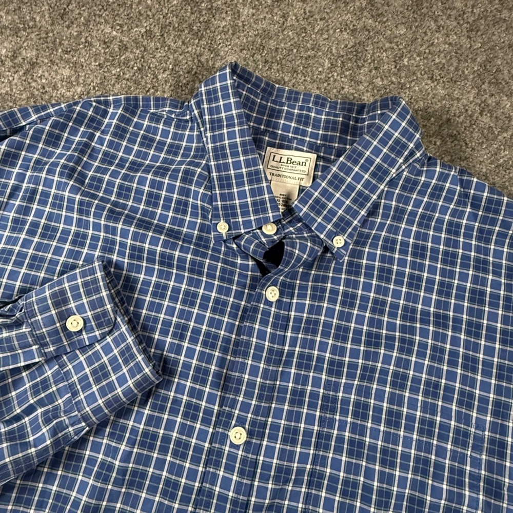 LL Bean Button Down Shirt Mens XL Blue Plaid Cotton Traditional Fit Long Sleeve
